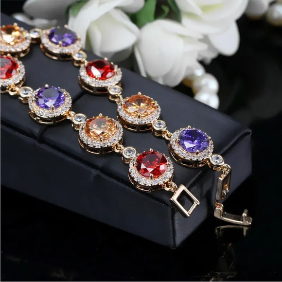 Jewelry - Gorgeous 18KT Gold Plated Amethyst Ruby Champagne Cubic Zirconia Bracelet